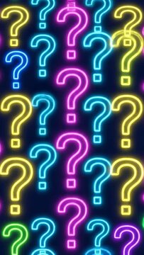 Glowing question marks in various bright colors arranged as a pattern on a dark background