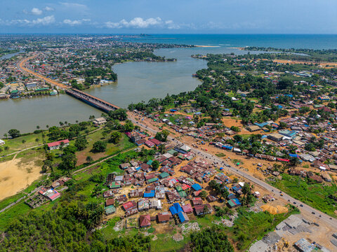Aerial view of the urban landscape and bridge crossing the Mesurado River in Monrovia, Montserrado, Liberia.
