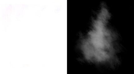 Fototapeta premium Atmospheric white smoke plume on black background, ethereal steam cloud texture, realistic fog mist element for compositing and design