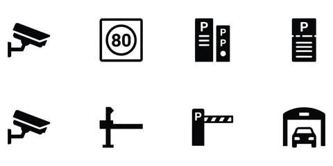 Fototapeta premium Security and Traffic Control Icons Featuring Surveillance Camera, Speed Limit Sign, Parking Meter, Gate Barrier and Car Wash Symbols for Transportation Systems