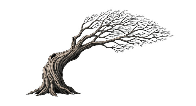 Bare tree bending strongly in the wind representing winter season and storm isolated on white background.