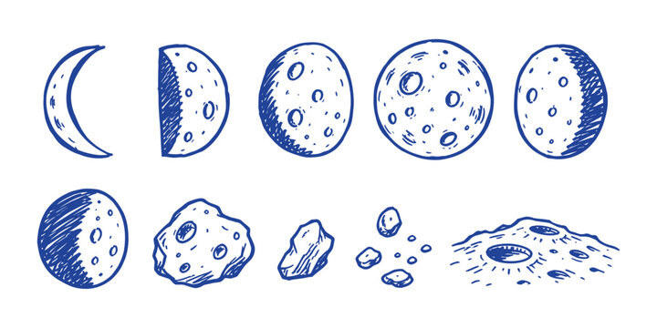 moon phase and lunar surface elements astronomy doodle icon set vector illustration