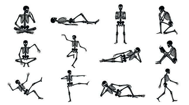 Multiple black silhouettes showing human skeletons performing various unique poses in a clean white setting