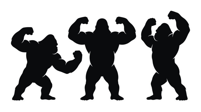 Three muscular gorilla silhouettes showing off powerful biceps in a flat black vector graphic design style