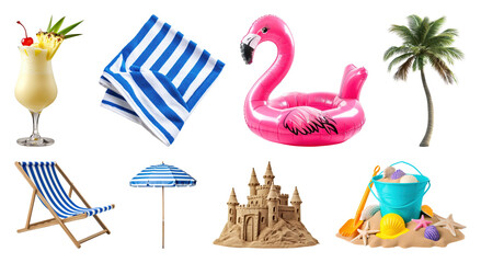 Obraz premium PNG Tropical beach vacation essentials on transparent background