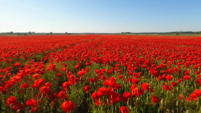Aerial view of a vast red poppy flower field in full bloom under a clear blue sky