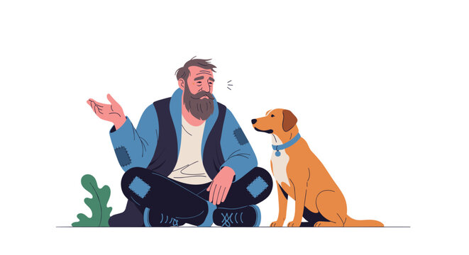 Poor homeless man with a grey beard sitting on the street, comforting his loyal dog in a touching vector illustration.