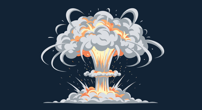 Dramatic illustration of a massive nuclear mushroom cloud explosion with fire, dust, and shockwaves on a dark background.