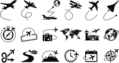 Aviation and Global Travel Solid Icon Mega Set with Airplane Flight Paths World Map Luggage Compass and Airport Terminal Graphic Elementsb © MINARA