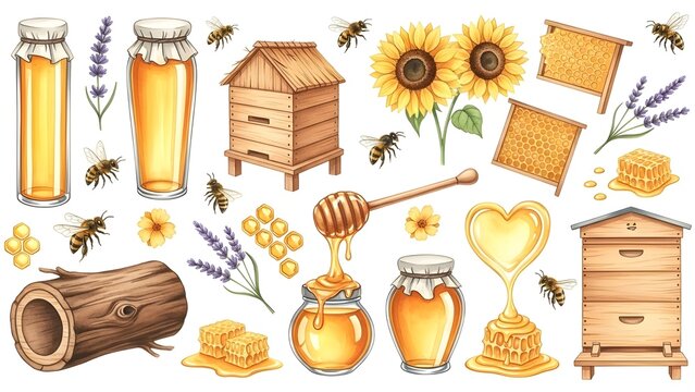 Watercolor honey and beekeeping elements set, including beehives, honey jars, honeycombs, bees, sunflowers, and lavender sprigs, isolated on white background