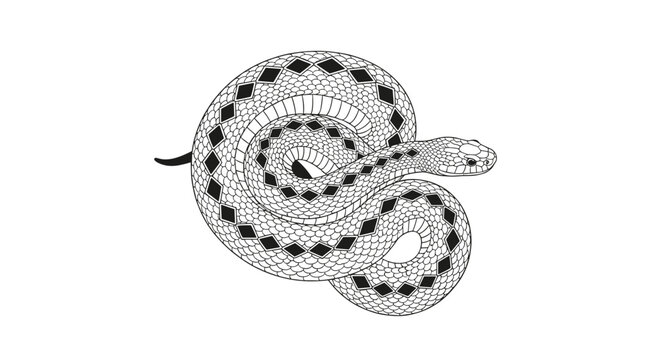 Coiled snake with detailed scale textures and diamond patterns is drawn in a vintage black and white engraving style.
