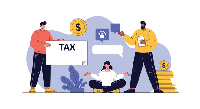 Group of diverse colleagues calculating taxes and financial report near giant coins and document with text.