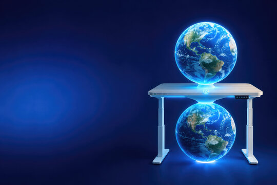 A glowing earth appears above and below a standing desk. Space for text.