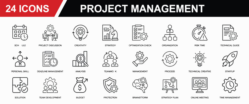 Project management icons set with 24 flat line symbols
