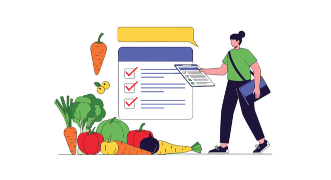 Young woman verifying her digital grocery checklist on tablet near large pile of fresh healthy vegetables.