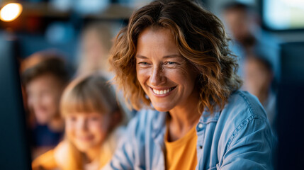 Fototapeta premium A wide shot of a happy teacher assisting softly her students with calm online learning during a bright computer class computer class open faces bright classroom soft