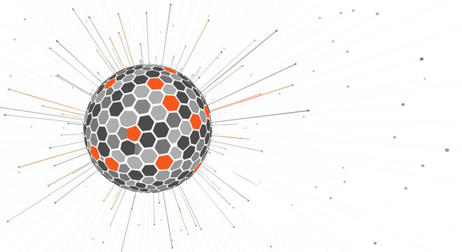 Abstract hexagonal sphere network with radiating connections representing digital communication technology and global data exchange