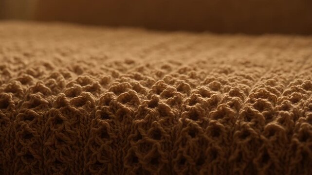 Close up of a warm beige knitted blanket texture with soft lighting