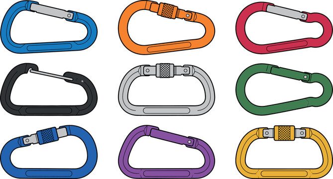 Flat vector illustration set of colorful metal climbing carabiners and safety snap hooks in various shapes isolated on a white background