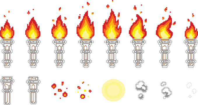 Pixel Art Burning Torch Animation Frame Sprite Sheet Vector Set with Fire Smoke and Sparks for Retro Game Asset Design