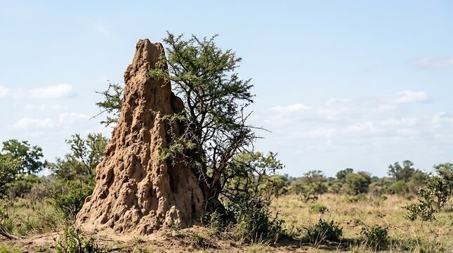 Giant termite mound standing in the african wilderness landscape
