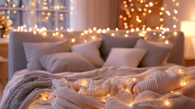 Warm fairy lights illuminate a cozy bedroom with soft blankets and a calm atmosphere at night