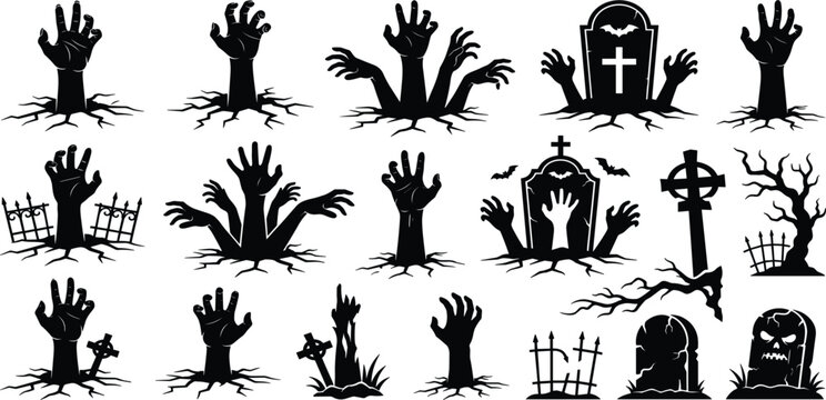 Spooky Halloween silhouette vector collection featuring zombie hands rising from ground cracks, cemetery tombstones, graveyard fences, and dead trees, black on white background