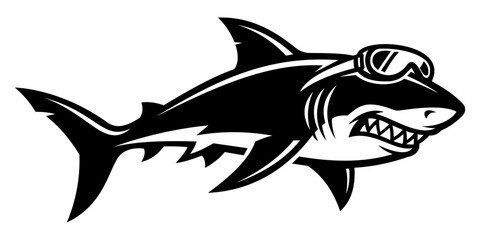 Naklejka premium Angry Shark Mascot with Swim Goggles Vector Silhouette. Fierce White Shark Silhouette Emblem for Sports Team Logo, Diving Club Crest, Summer Camp T-Shirt Print, and Vinyl Car Decal.
