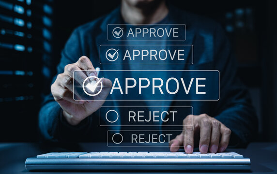 Approval decision workflow and digital document validation concept with approve and reject buttons, checkmark confirmation, review process, quality control, compliance, business authorization