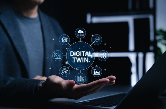 Digital twin technology and smart industrial simulation concept with virtual model interface, AI cloud data, IoT sensors, automation, factory monitoring, predictive maintenance, business optimization