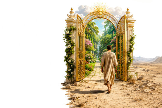 Man walks toward golden gates opening to green garden. Space for text.