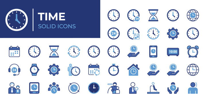 Collection of time and clock solid icons set