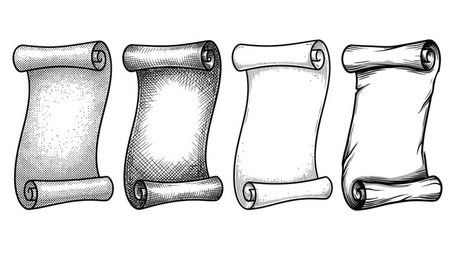 Set of four vintage blank papyrus scrolls featuring detailed hand drawn black and white lines