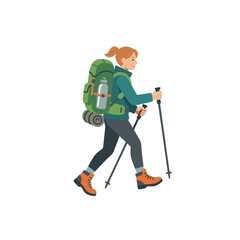 Fototapeta premium Woman hiker with backpack and trekking poles walking outdoors