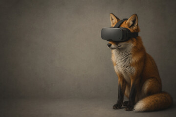 Fototapeta premium A fox wears a virtual reality headset. Space for text.