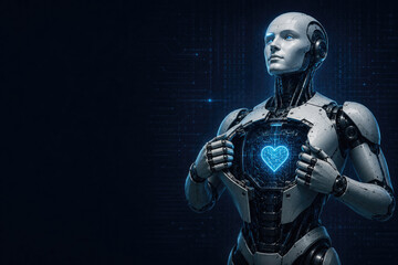 Fototapeta premium A humanoid robot opens a chest with a glowing heart. Space for text.