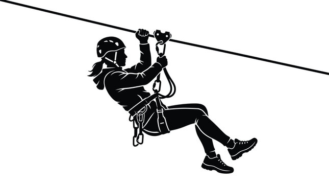Silhouette of an active woman wearing a helmet while riding a fast steel zip line cable
