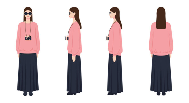 Front, side, and back views of a young woman wearing a pink sweater and long dark skirt with a camera around her neck.