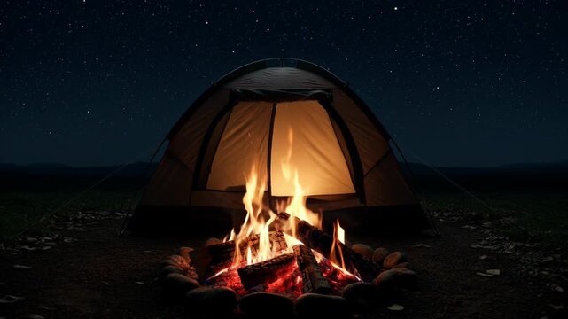 Camping Tent With Burning Campfire Under Sky