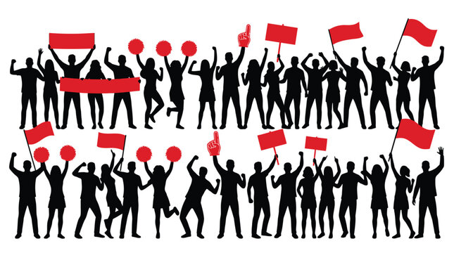 Silhouettes of cheering people holding red flags and signs in a flat vector graphic style