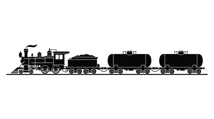 A black silhouette of a vintage steam locomotive pulling two tanker cars on train tracks © huzaifa