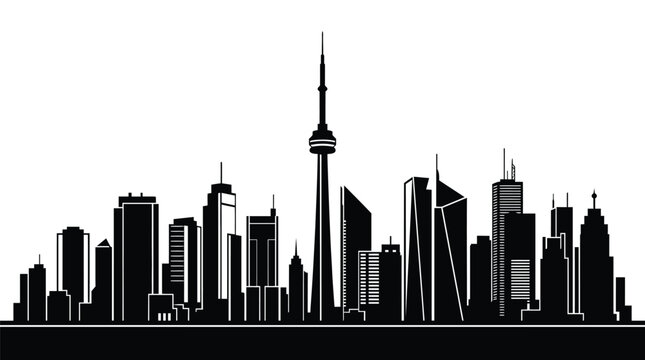 Detailed black silhouette of the Toronto city skyline featuring the iconic CN Tower tall spire