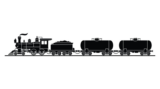 A black silhouette of a vintage steam locomotive pulling two tanker cars on train tracks