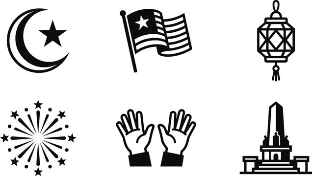 Islamic Holiday and National Celebration Icon Set Featuring Crescent Moon Star Flag Lantern Fireworks Praying Hands and Monument Symbols for Graphic Designs
