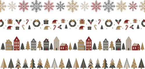 festive winter holiday seamless border collection featuring delicate snowflakes decorative wreaths cozy village houses and stylized pine trees vector illustration © Kanon Islam