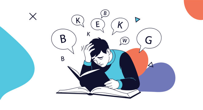 Sad young boy struggling to read a book with floating letters in speech bubbles representing dyslexia or learning difficulty.