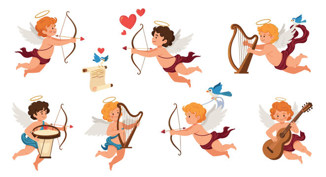 Cute little cupid angels set playing musical instruments and shooting love arrows for Valentines day celebration.