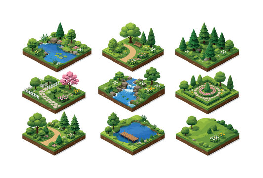 Collection of isometric dioramas showcasing diverse miniature garden landscapes and park scenes