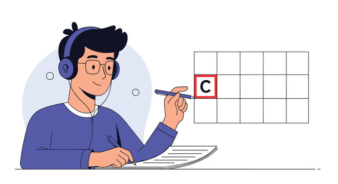 Young male student wearing headphones and writing down notes during an online class in flat vector design.