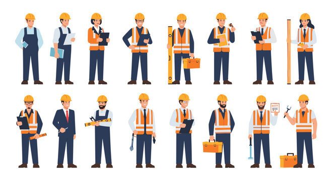 Large collection of professional construction workers, engineers, and builders wearing orange safety vests and helmets.